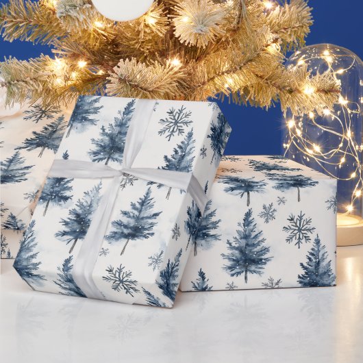 青と白のクリスマスツリーと雪の結晶 ラッピングペーパー (クリスマス)