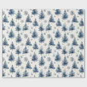 青と白のクリスマスツリーと雪の結晶 ラッピングペーパー (フラット)