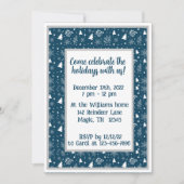 青と白のクリスマスツリー、雪の結晶パーティー 招待状 (正面)