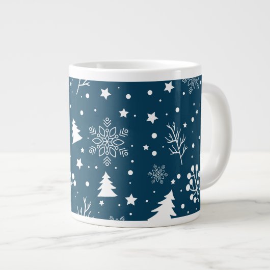 青と白のクリスマスツリー、雪片の休日 ジャンボコーヒーマグカップ (正面右)