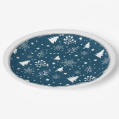 青と白のクリスマスツリー、雪片 ペーパープレート (アングル)