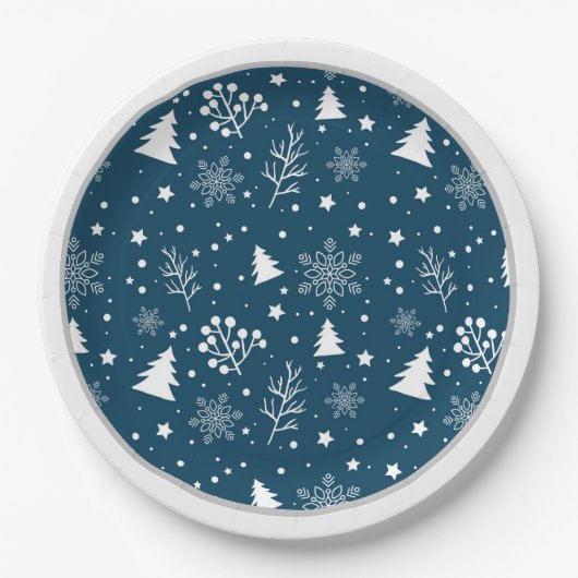 青と白のクリスマスツリー、雪片 ペーパープレート (正面)