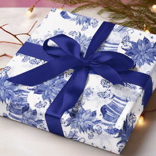 青と白のクリスマスブーツとミトンのフラワー柄 ラッピングペーパー