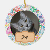 青と白のクリスマスホリデー カスタム猫写真 セラミックオーナメント (正面)