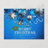 青と白のクリスマスボール、キャンディーケーン、スター、 シーズンポストカード (正面)