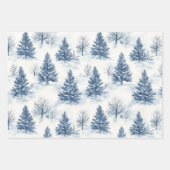 青と白のクリスマスモミの木と雪の結晶 ラッピングペーパーシート (正面)