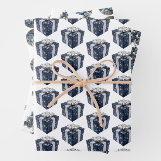 青と白のクリスマスラッピング紙シート ラッピングペーパーシート (インサイチュ)