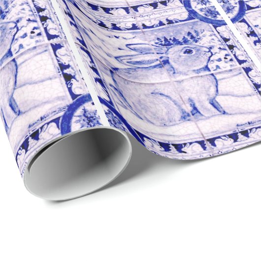 青と白のクリスマスラビットラッピング紙 ラッピングペーパー (ロールコーナー)