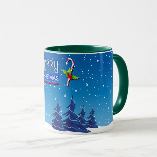 青と白のクリスマス雪だるま冬シーン マグカップ (正面右)