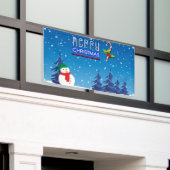 青と白のクリスマス雪だるま冬シーン 横断幕 (ビルの外側)