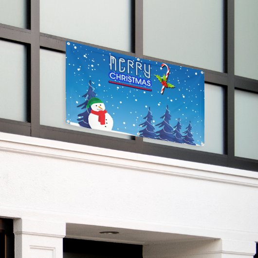 青と白のクリスマス雪だるま冬シーン 横断幕 (ビルの外側)
