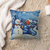 青と白のクリスマス雪だるま風景枕 クッション (ブランケット)