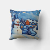 青と白のクリスマス雪だるま風景枕 クッション (裏面)