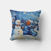 青と白のクリスマス雪だるま風景枕 クッション (正面)