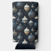 青と白のクリスマス ホリデー オーナメント スリム缶クーラー (裏面)