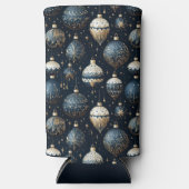 青と白のクリスマス ホリデー オーナメント スリム缶クーラー (正面)