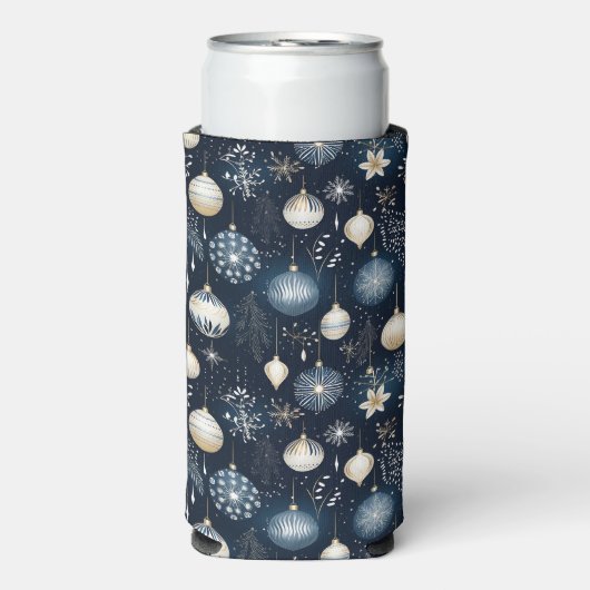 青と白のクリスマス ホリデー オーナメント スリム缶クーラー (Seltzer正面)