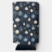 青と白のクリスマス ホリデー オーナメント スリム缶クーラー (裏面)