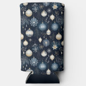 青と白のクリスマス ホリデー オーナメント スリム缶クーラー (正面)