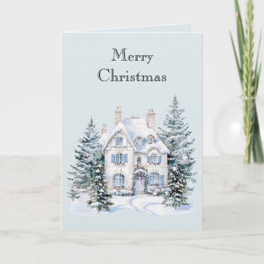 青と白のクリスマス 冬の家 樹木 カード (正面)