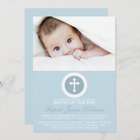 青と白のクロスバプテスマ写真招待状 招待状 (正面/裏面)