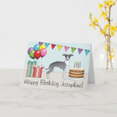 青と白のグレイイタリアンハウンドカラフル誕生日 カード (黄色い花)