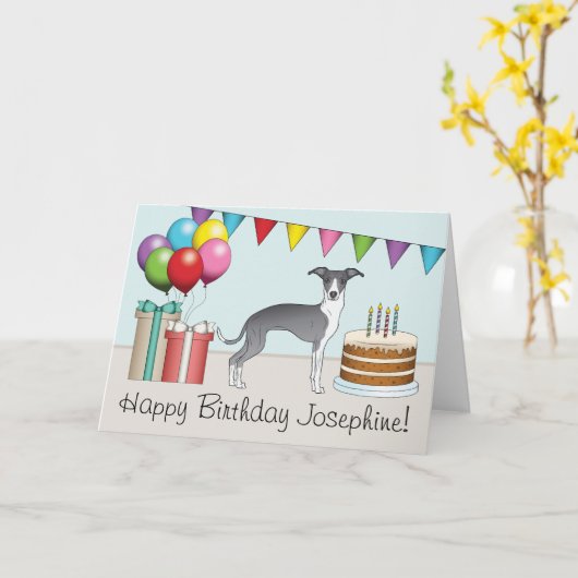 青と白のグレイイタリアンハウンドカラフル誕生日 カード (黄色い花)