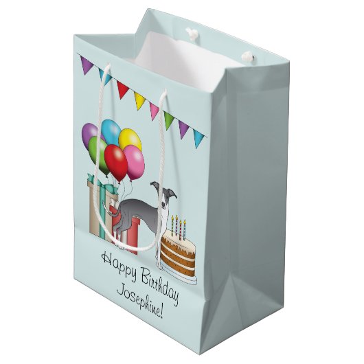 青と白のグレイイタリアンハウンドカラフル誕生日 ミディアムペーパーバッグ (正面アングル)