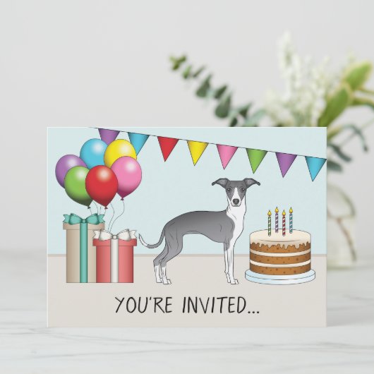青と白のグレイイタリアンハウンドカラフル誕生日 招待状 (スタンド正面)