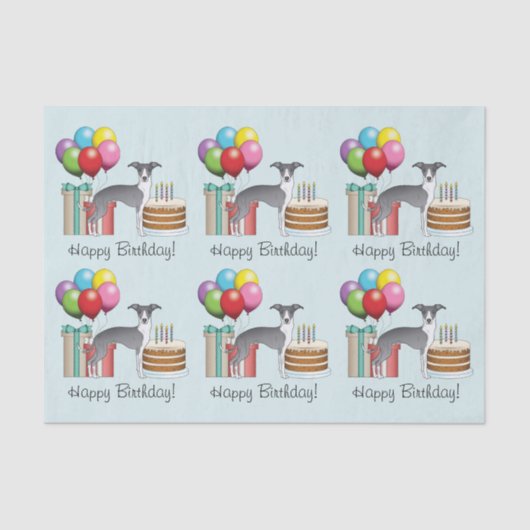 青と白のグレイイタリアンハウンドカラフル誕生日 薄葉紙 (正面)