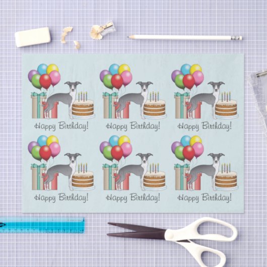 青と白のグレイイタリアンハウンドカラフル誕生日 薄葉紙 (クラフト)