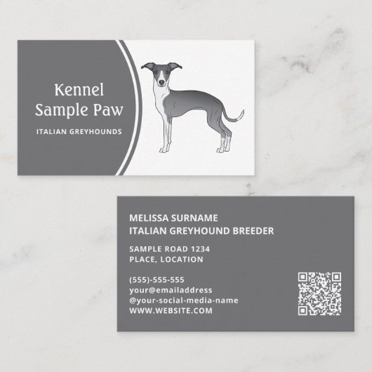青と白のグレイハウンドイタリアンの漫画の犬 名刺 (正面/裏面)