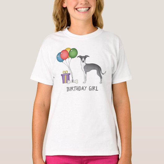 青と白のグレイハウンドイタリアン-誕生日ガール Tシャツ (正面)