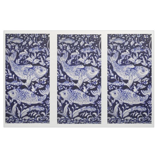 青と白のコイ池タイルデザイン布パネル ファブリック (ヤード)