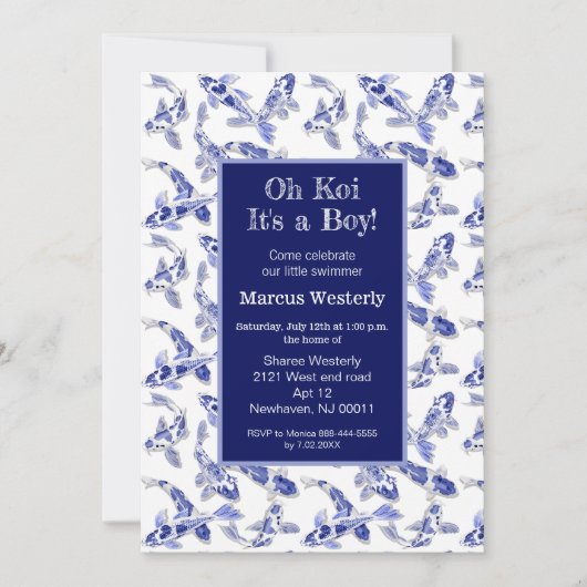 青と白のコイ赤ちゃんシャワー 案内状 (正面)
