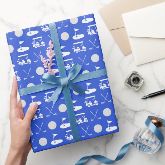 青と白のゴルフボール、カート&クラブ ラッピングペーパー (ギフト)