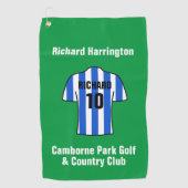 青と白のサッカーシャストライプツ ゴルフタオル (正面)