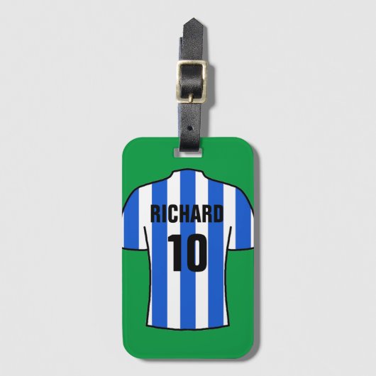 青と白のサッカーシャストライプツ ラゲッジタグ (正面縦)