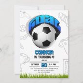 青と白のサッカーボールの誕生日パーティー 招待状 (正面)