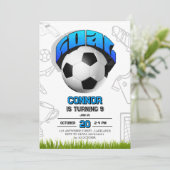 青と白のサッカーボールの誕生日パーティー 招待状 (スタンド正面)