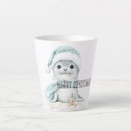青と白のサンタ帽子マフラーアザラシ クリスマス カフェラテマグ