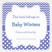 青と白のシェブロンと水玉模様蔵書票 スクエアシール (正面)