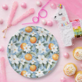 青と白のシチリアの夏の花模様オレンジの結婚式 ペーパープレート (パーティー)