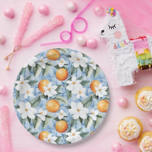 青と白のシチリアの夏の花模様オレンジの結婚式 ペーパープレート (パーティー)