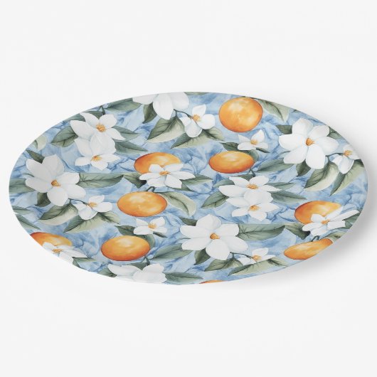 青と白のシチリアの夏の花模様オレンジの結婚式 ペーパープレート (アングル)