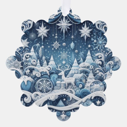 青と白のシックなクリスマスギフトラベル オーナメントカード (正面)