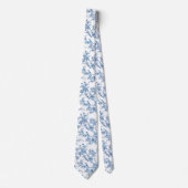 青と白のシノワズリーフラワーバード ネクタイ (正面)