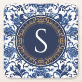 青と白のシノワズリーフラワーモノグラム スクエアペーパーコースター (正面)