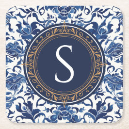 青と白のシノワズリーフラワーモノグラム スクエアペーパーコースター