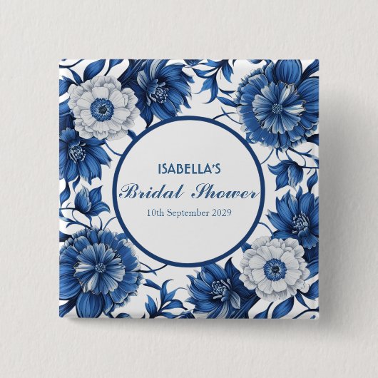 青と白のシノワズリーブライダルアンティークパターン 缶バッジ (正面)